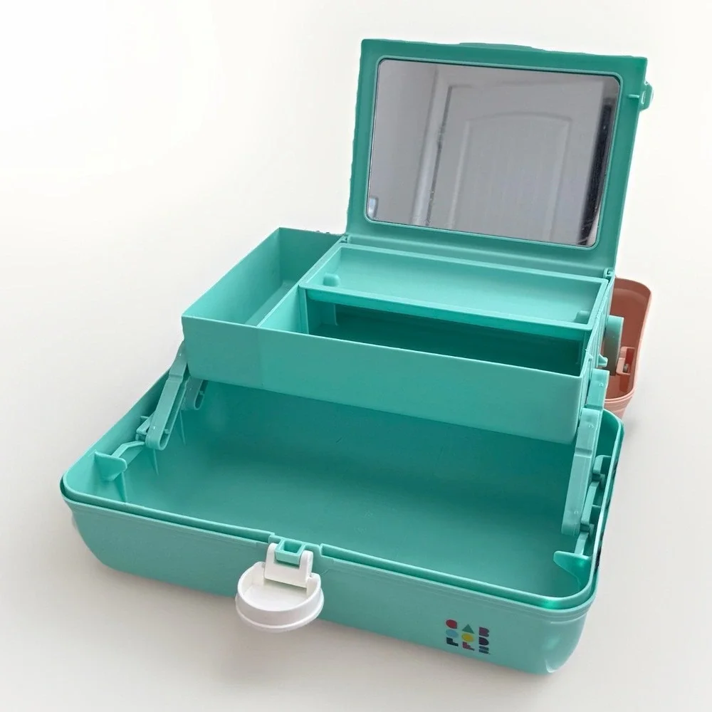 Vtg Caboodles 3 Tier Makeup Travel Case w/Vanity Mirror Peach & Mint Green USA